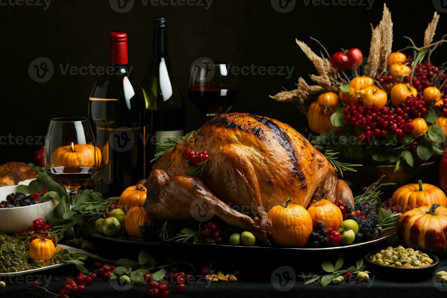 Thanksgiving dinner table setting with a roasted turkey on a white platter photo