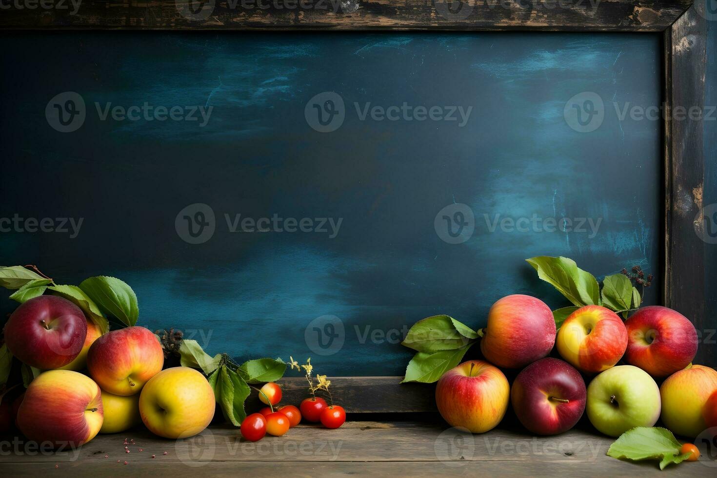 Still Life Photography of a rustic blackboard adorned with an artful arrangement of various fruits and leaves. photo