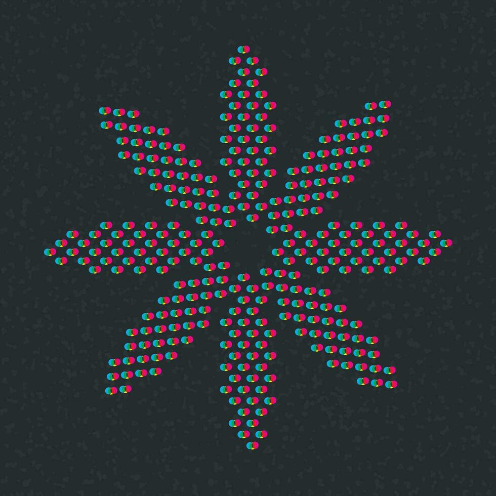 Polka dot as a flower CMYK colors overlap transparent with riso print effect vector illustration on dark gray background.