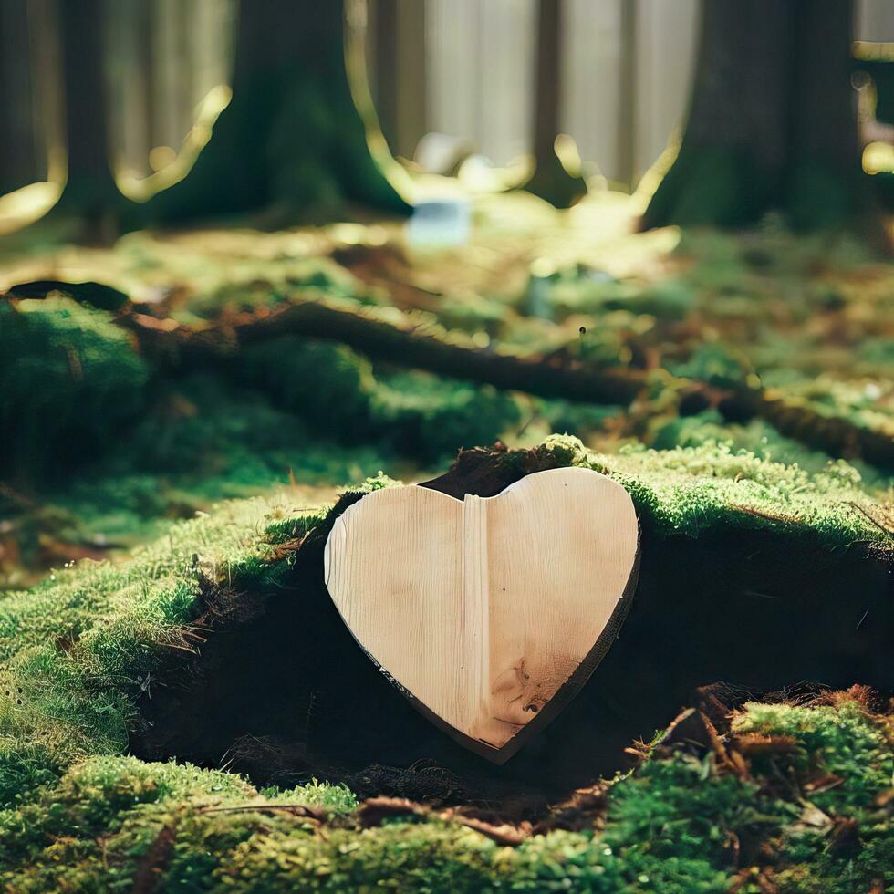 funeral Heart sympathy or wooden funeral heart near a tree. Natural burial grave in the forest. Heart on grass or moss. tree burial, cemetery and All Saints Day concepts Generative AI photo