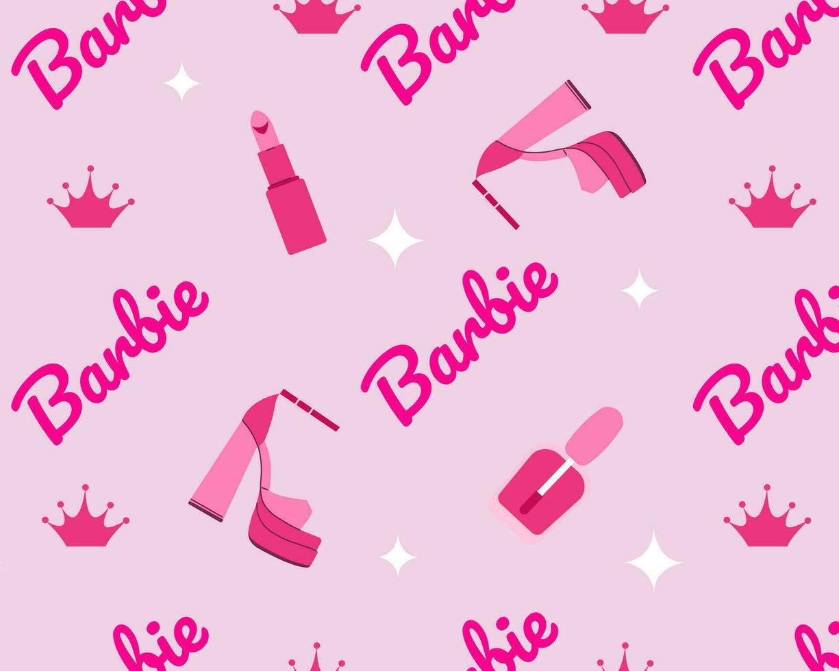 Seamless pattern with Barbie hand drawn calligraphy text, crown, sandals, lipstick. Pink Barbie text in trendy style.Vector illustration. vector