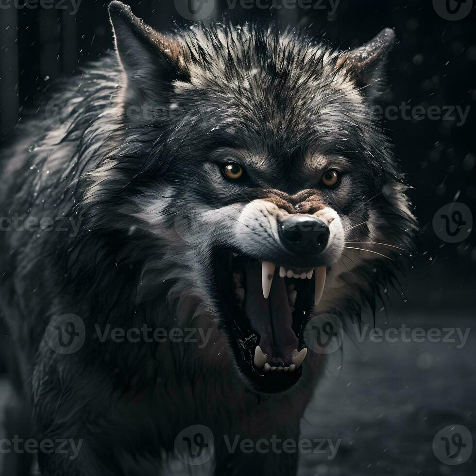 Portrait of a wolf in a dark forest. Animal theme. Wolf animal illustration, nature conservation vector. Generated AI illustration. photo