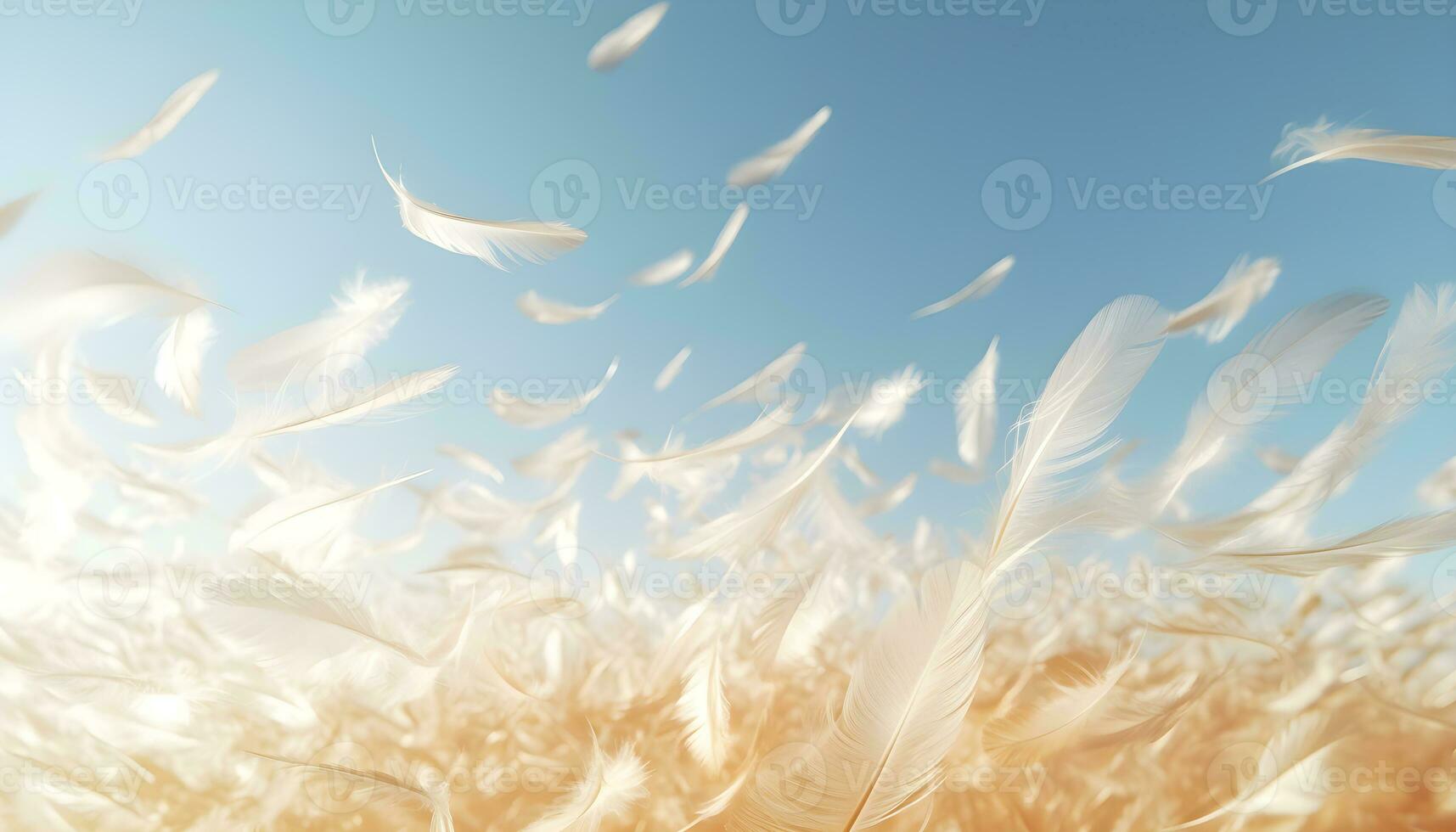 Abstract white feathers falling in blue sky. Beautiful Soft and Light White Fluffy Feathers Floating. Abstract. Light of white feather floating. Generated AI illustration photo