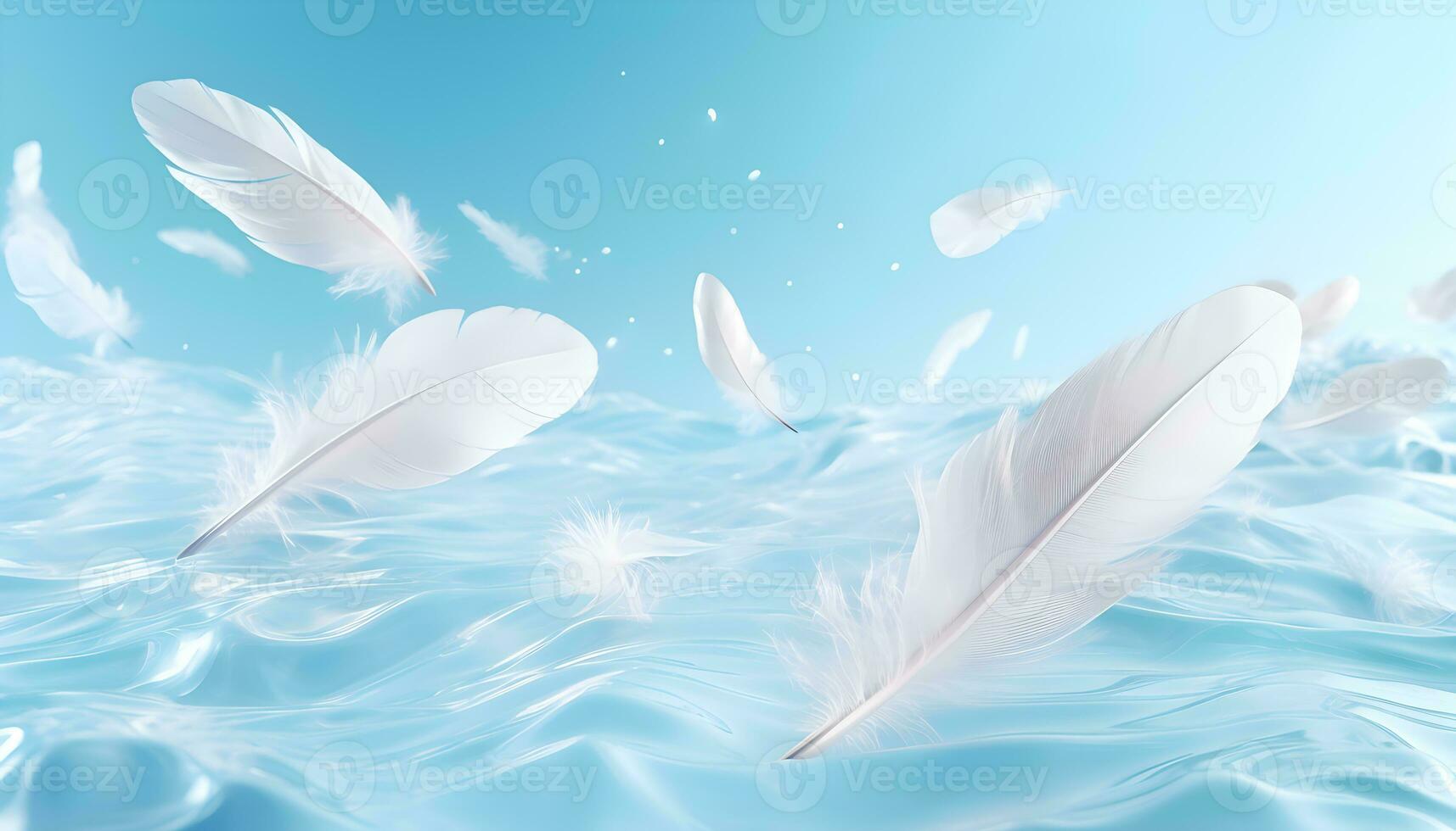 Abstract white feathers falling in blue sky. Beautiful Soft and Light White Fluffy Feathers Floating. Abstract. Light of white feather floating. Generated AI illustration photo