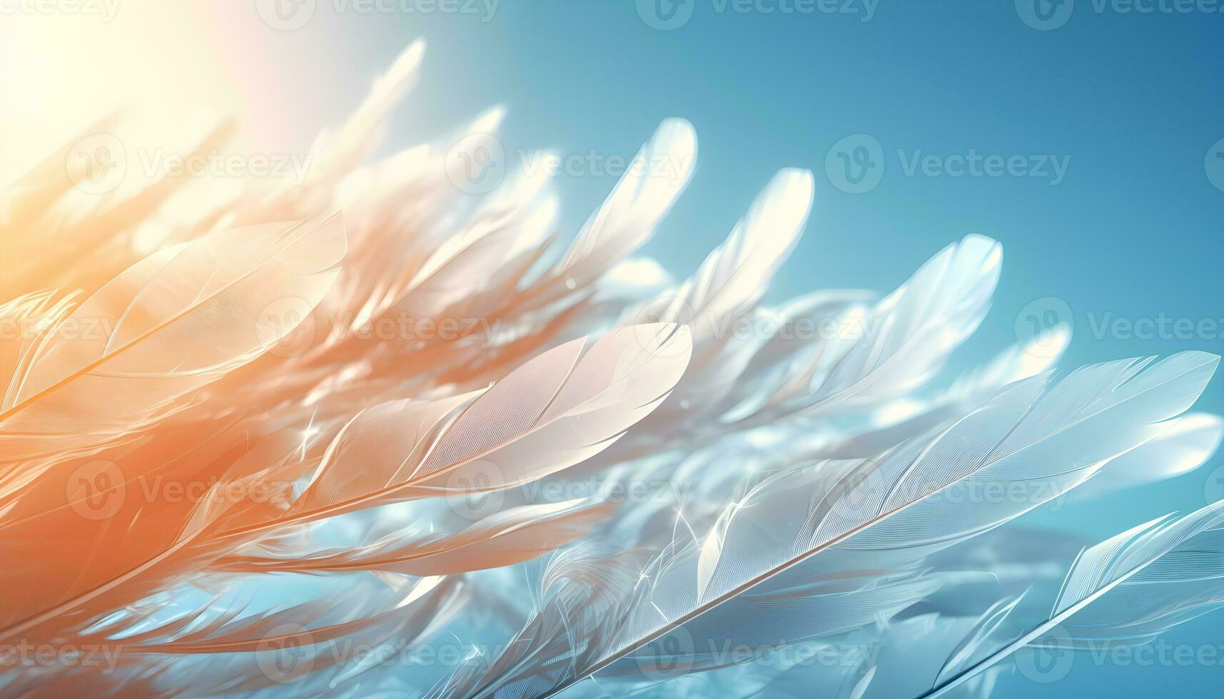 Abstract white feathers falling in blue sky. Beautiful Soft and Light White Fluffy Feathers Floating. Abstract. Light of white feather floating. Generated AI illustration photo