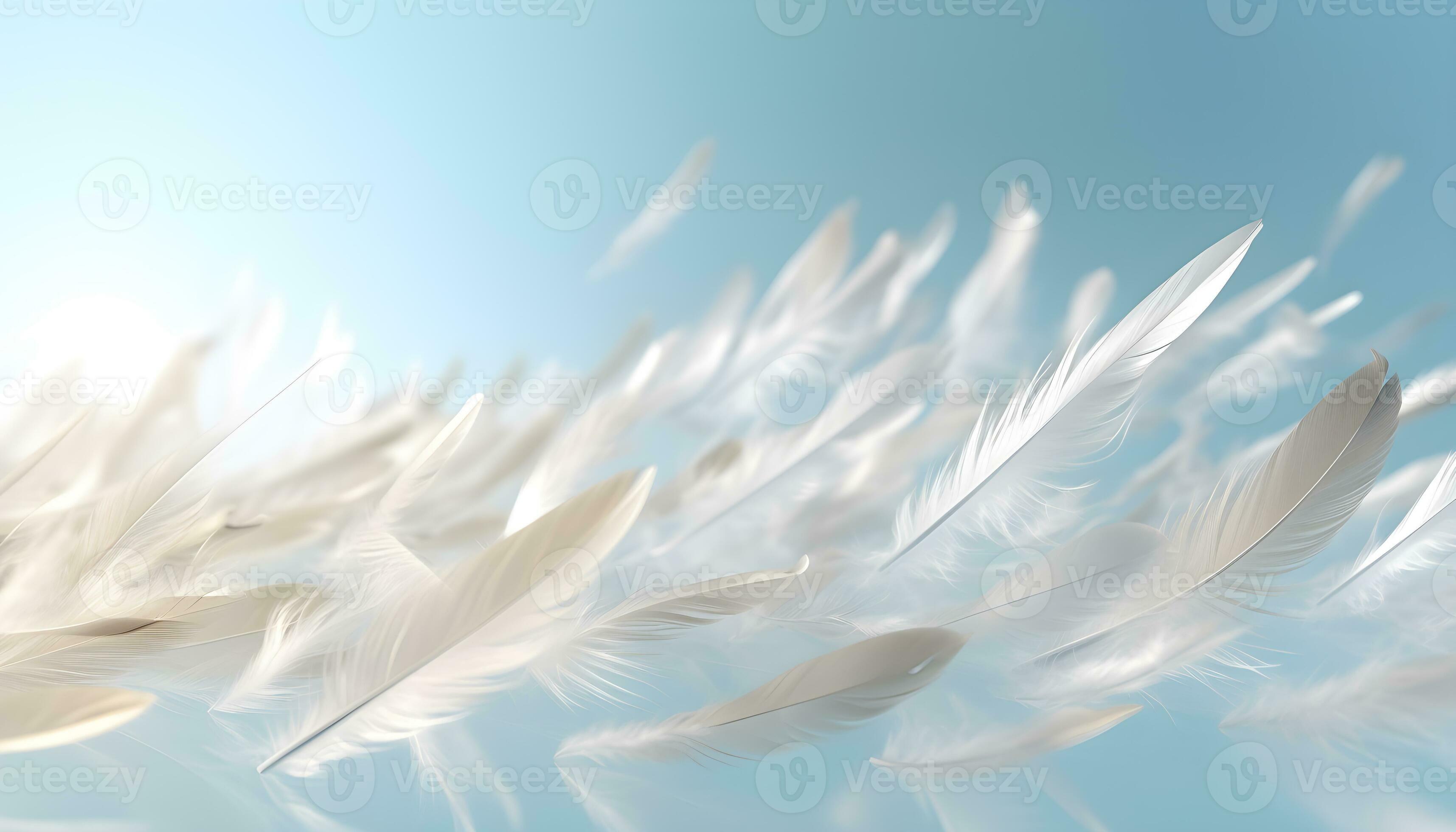 Abstract white feathers falling in blue sky. Beautiful Soft and Light