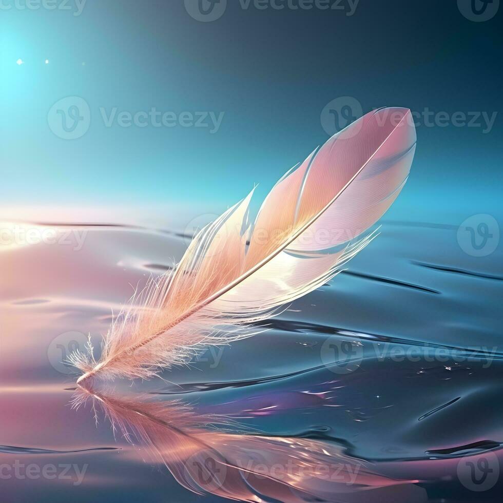 Bird Feather On colorful background. Elegant Softness Feather Floating And Drifting On Purity Wavy Liquid. Abstract. Generated AI illustration. photo