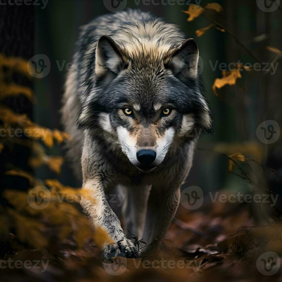 Portrait of a wolf in the forest. Wolf in the autumn forest. Wolf animal illustration, nature conservation vector. Generated AI illustration. photo