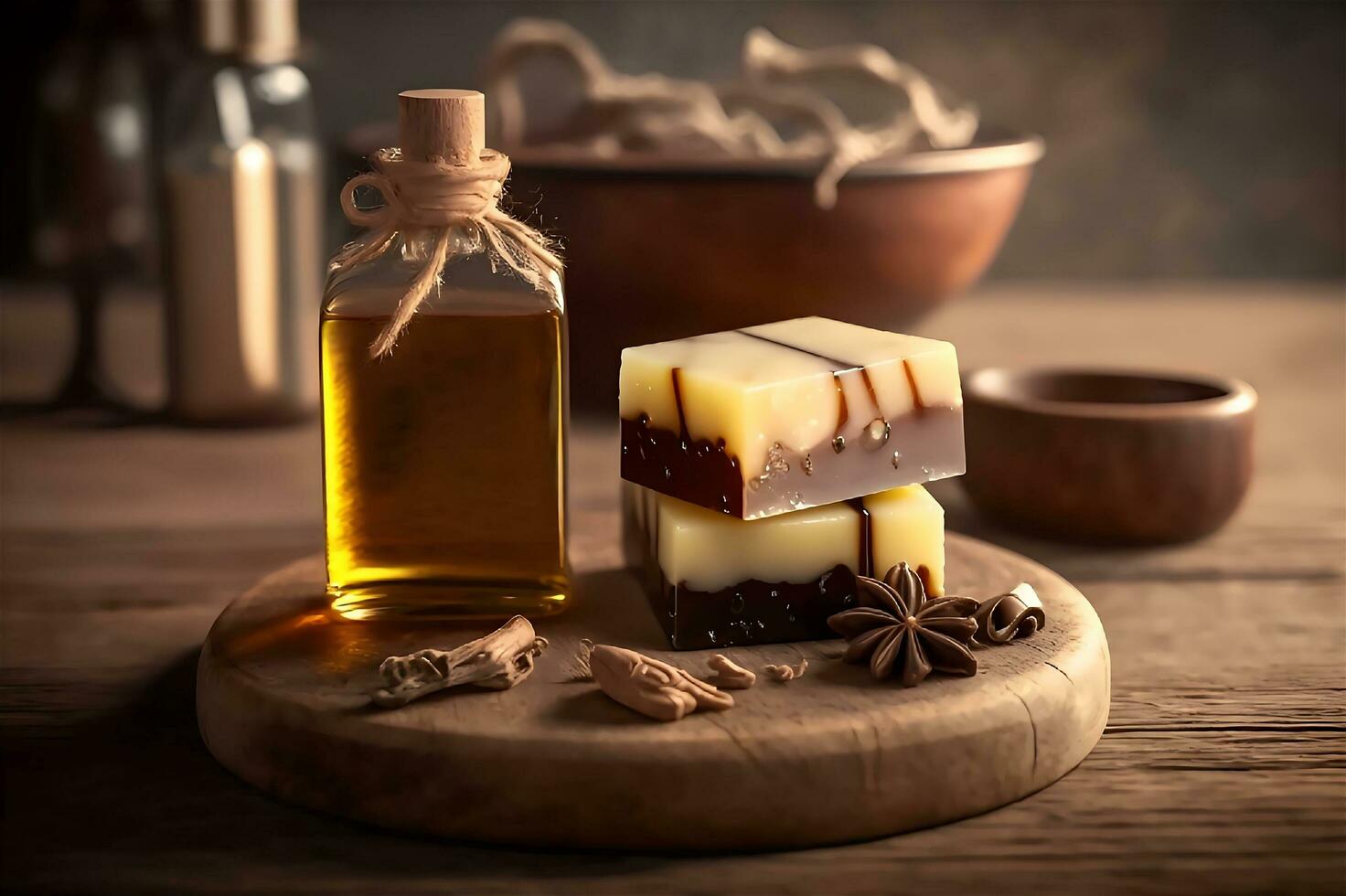 Handmade soap and a small glass bottle of oil on wooden background. Homemade diy soap making image. photo