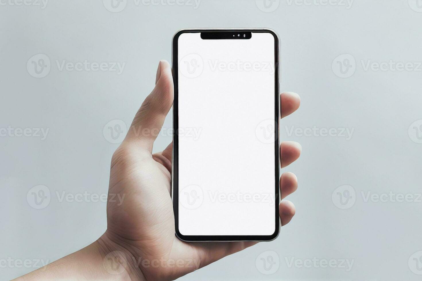 Hands holding smartphone with blank screen. Phone with copy space on display. Isolated on a light gray background. Place for text. photo