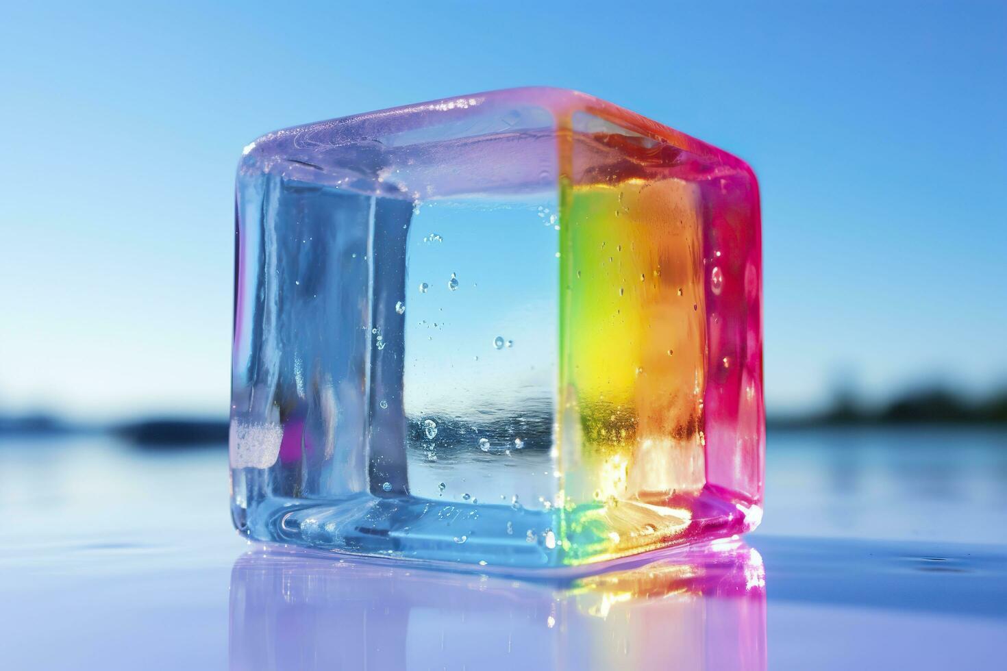 Colorful ice cube with reflection on water surface. photo