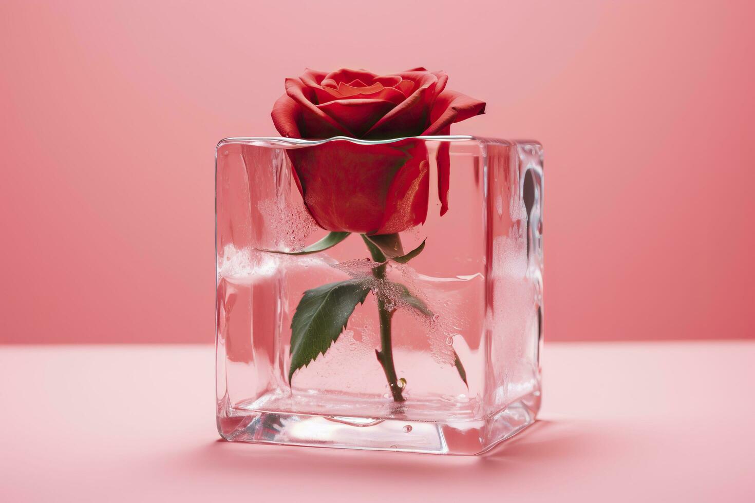 Red rose in ice cube on a pink background with copy space photo