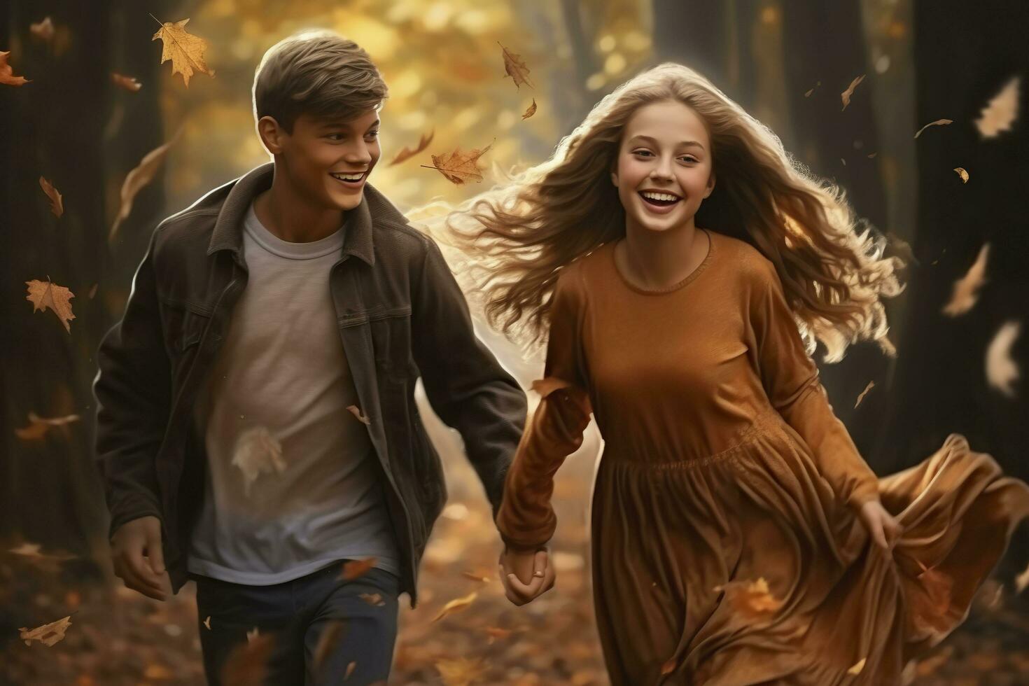 A boy and a girl walk in the autumn park, holding hands. photo