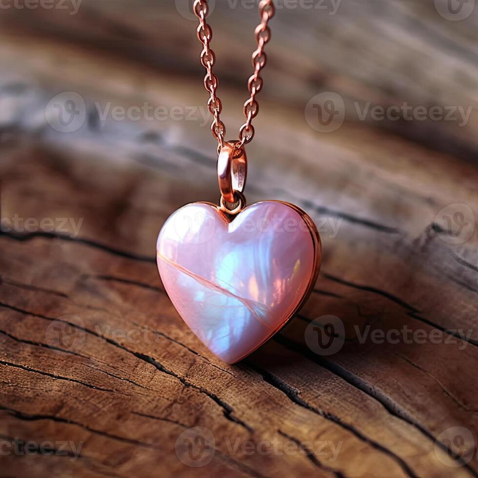 a heart shaped pendant with chain on wooden surface photo