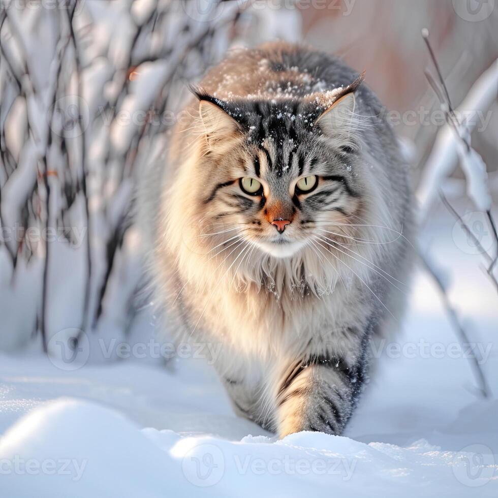 A cat walking through the snow in woods with trees photo