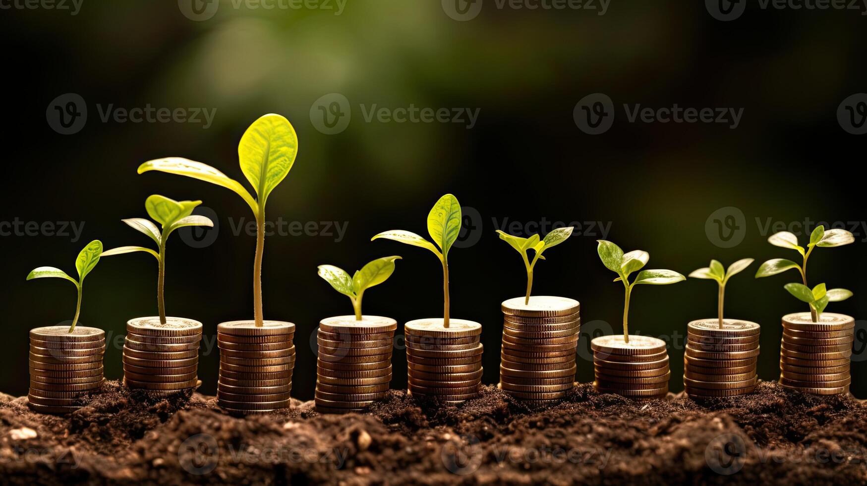 a row of coins with plant growing out them photo