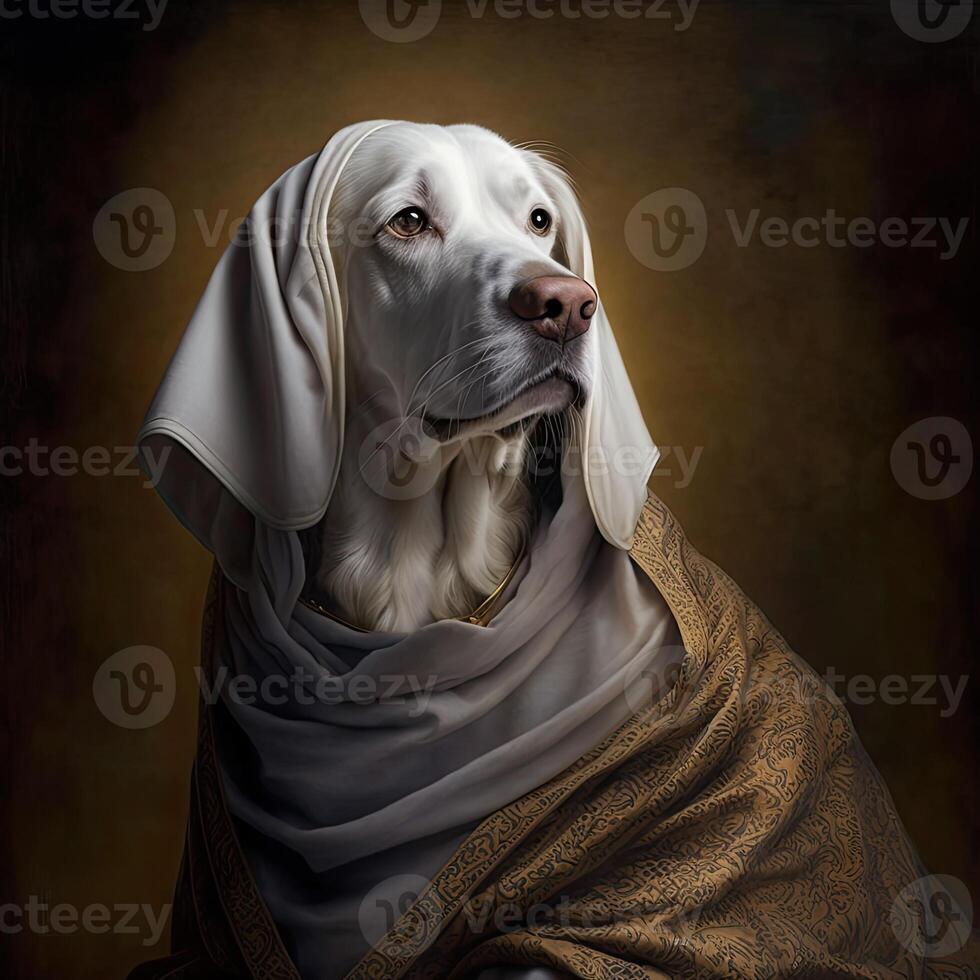 White dog with blanket around its neck photo