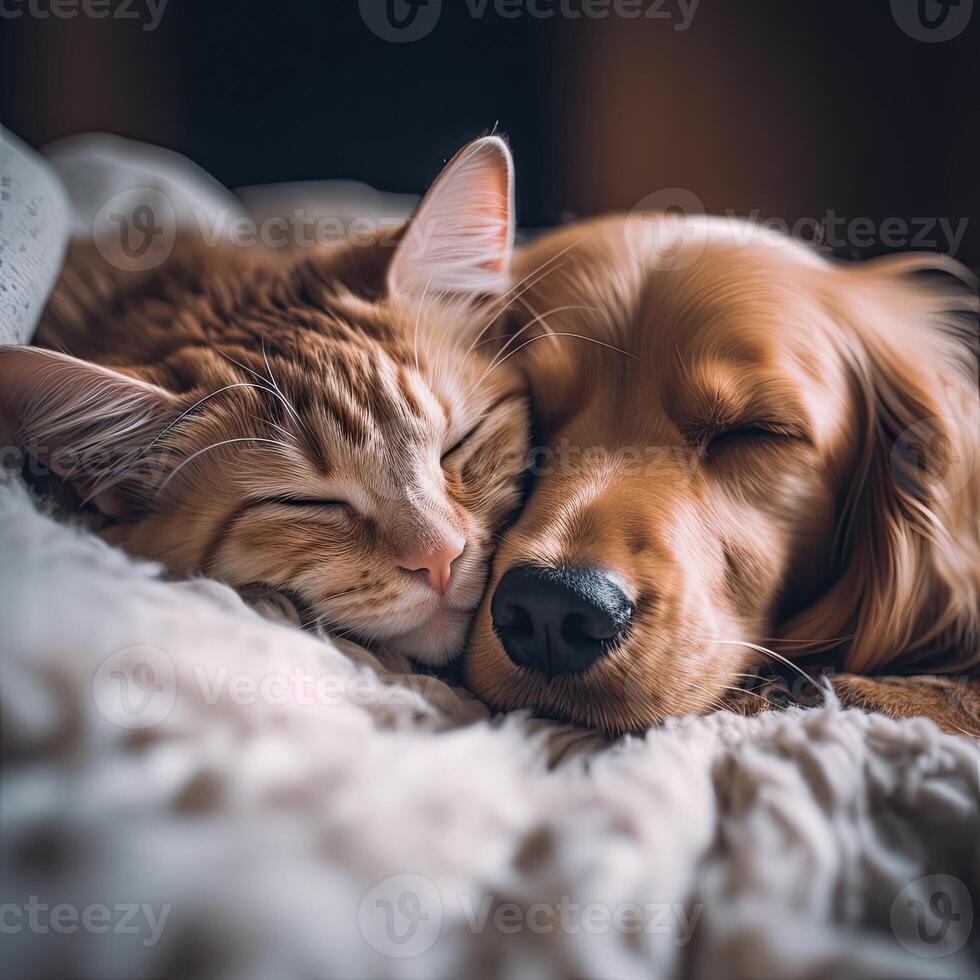 a dog and cat sleeping together on bed photo