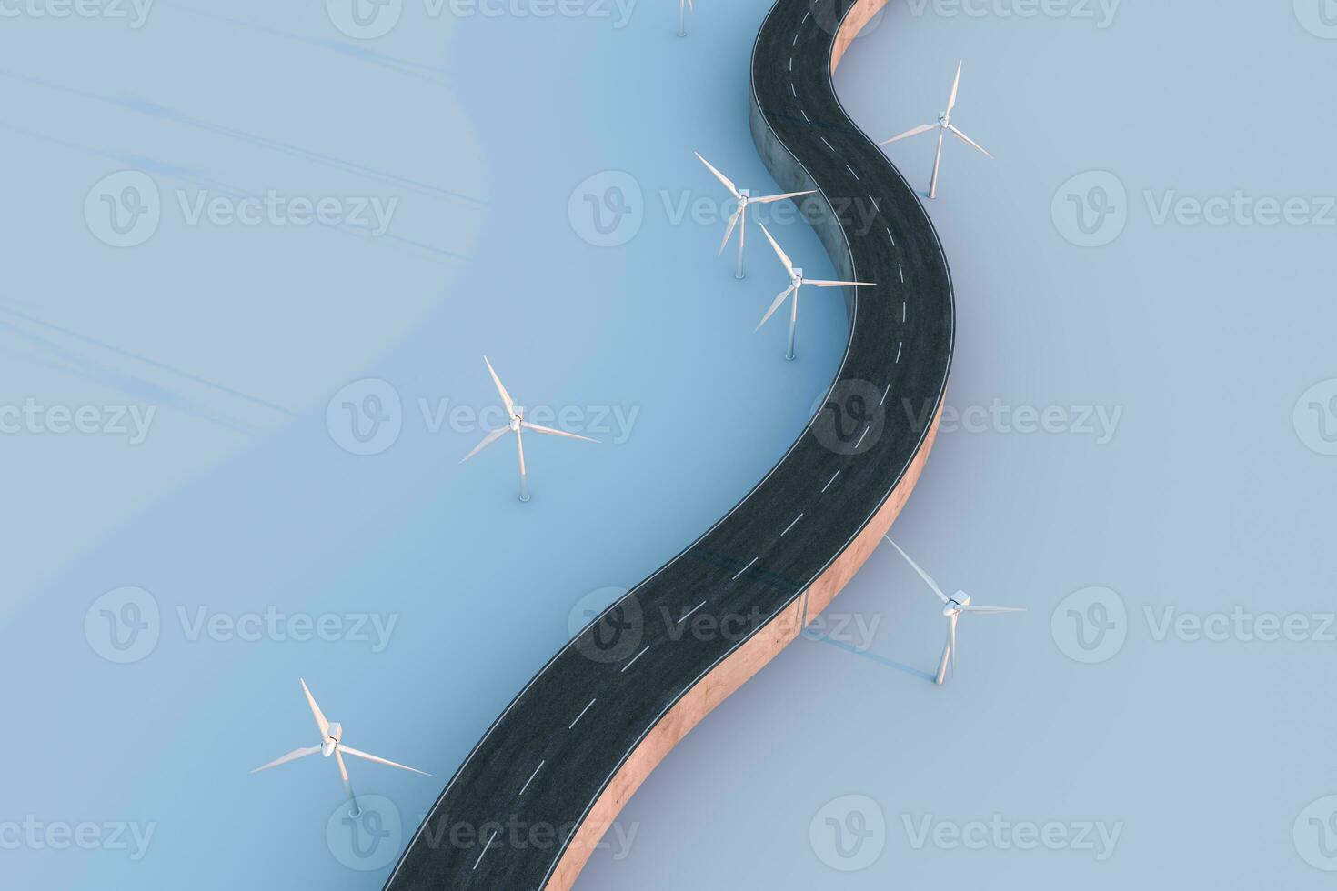 Windmills and winding road in the open, 3d rendering. photo