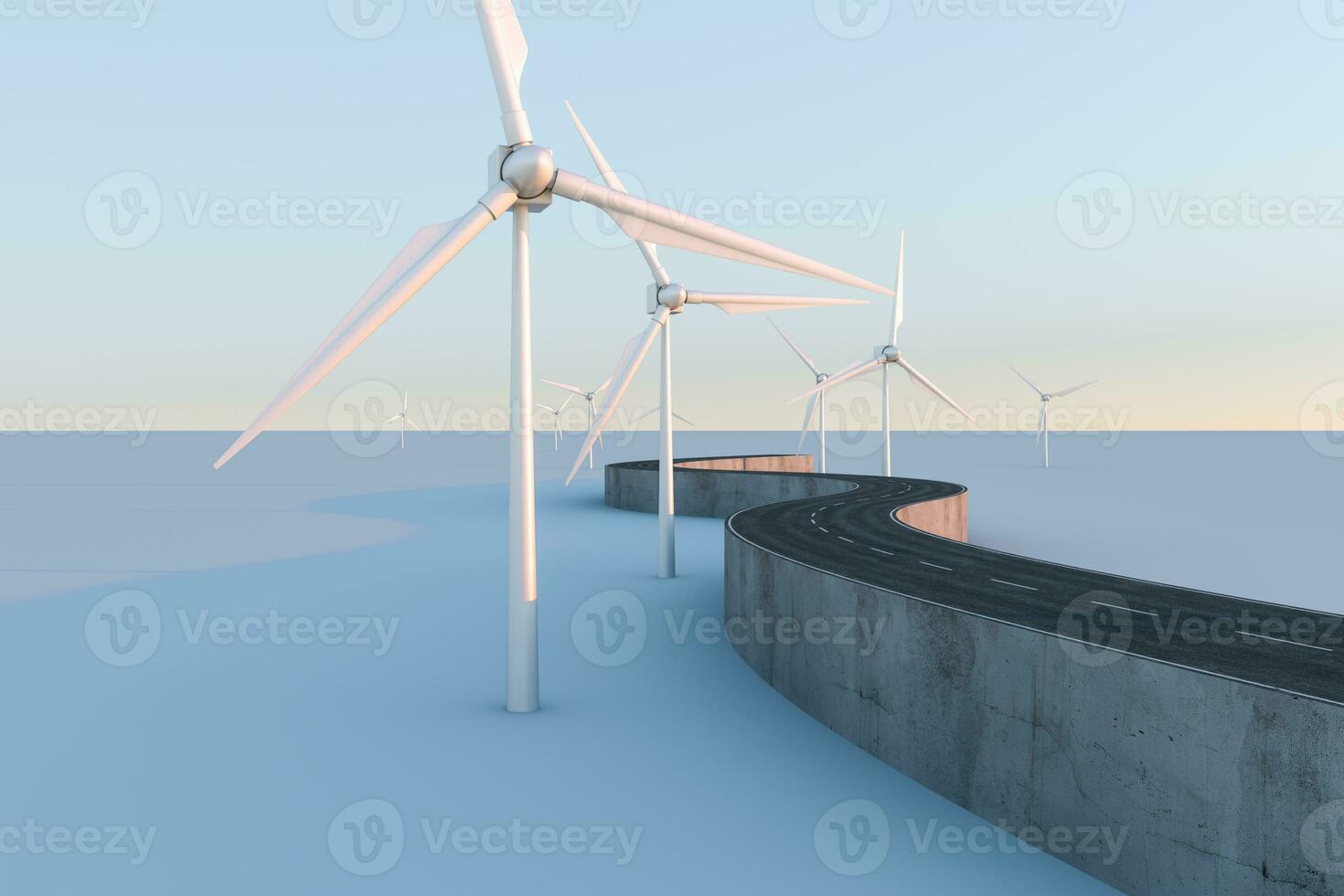 Windmills and winding road in the open, 3d rendering. photo