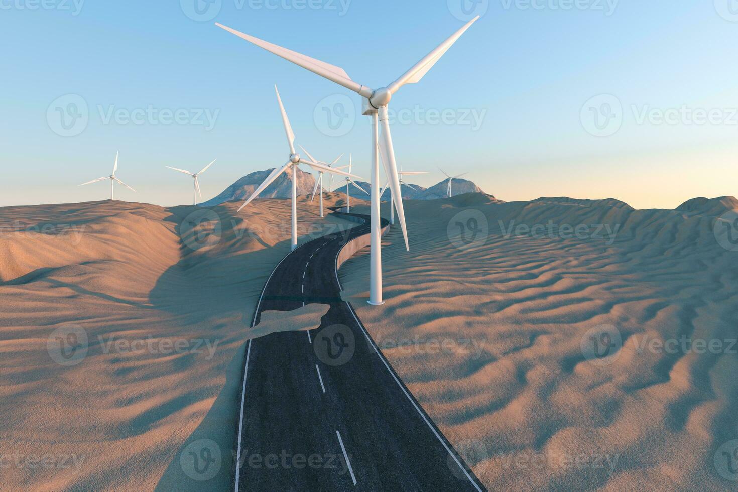 Windmills and winding road in the open, 3d rendering. photo