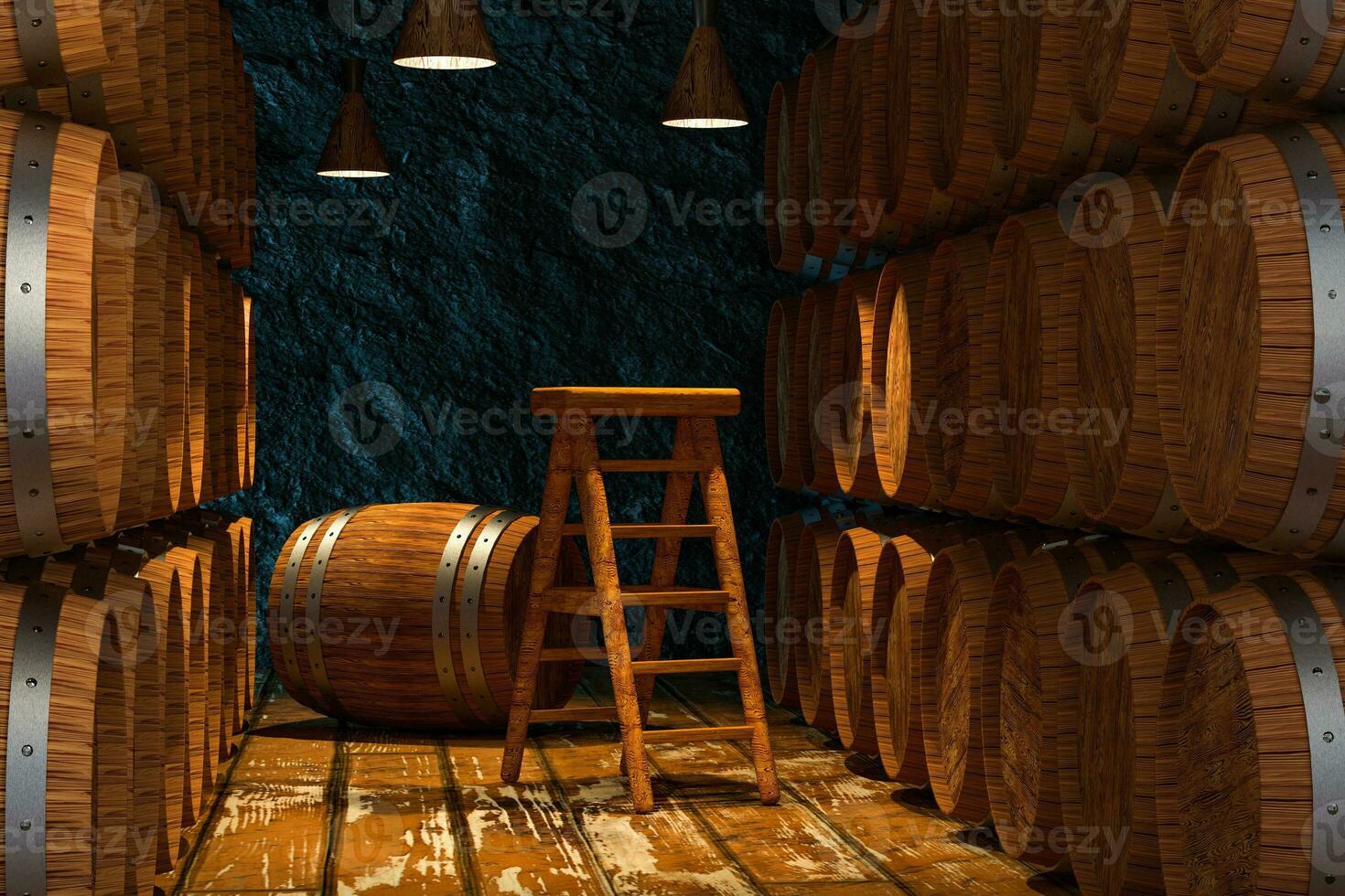 Wooden cellar with barrels inside, vintage beverage warehouse, 3d rendering. photo