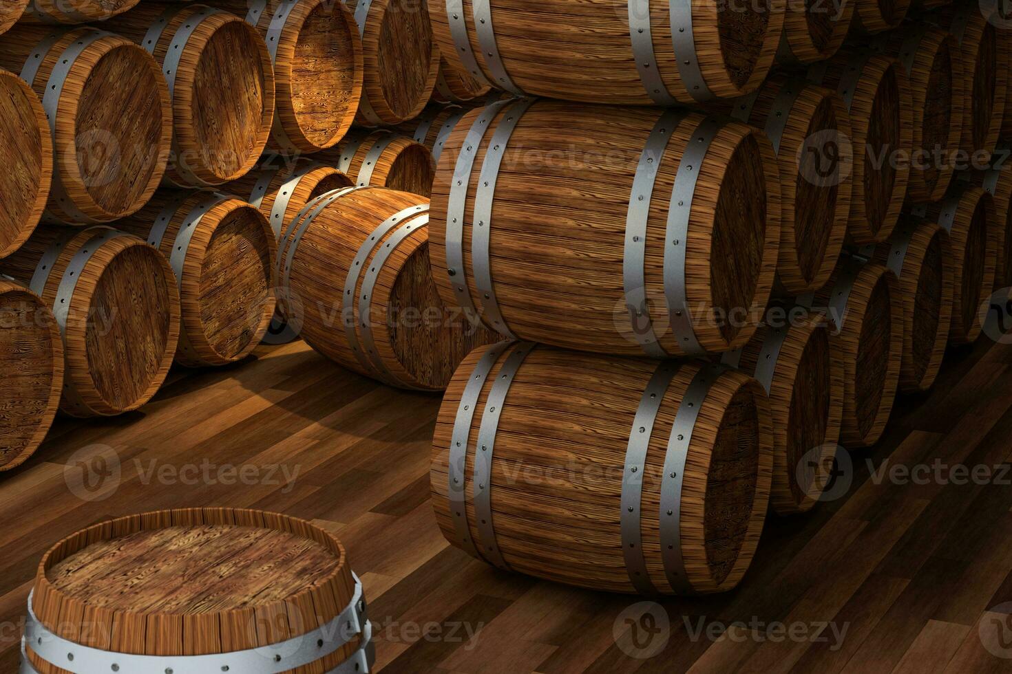 Wooden cellar with barrels inside, vintage beverage warehouse, 3d rendering. photo