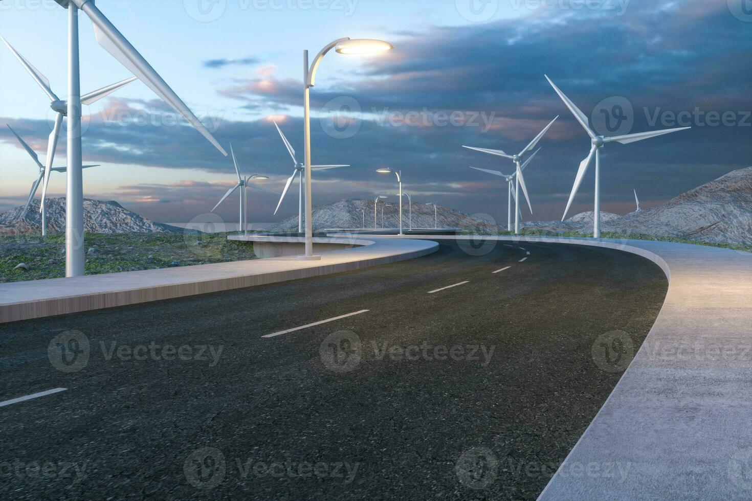 Windmills and winding road in the open, 3d rendering. photo