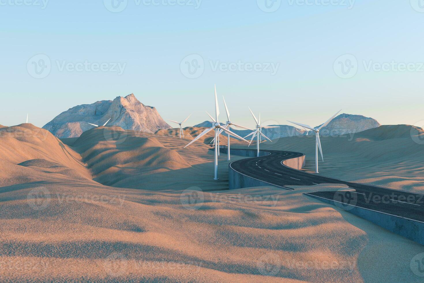 Windmills and winding road in the open, 3d rendering. photo