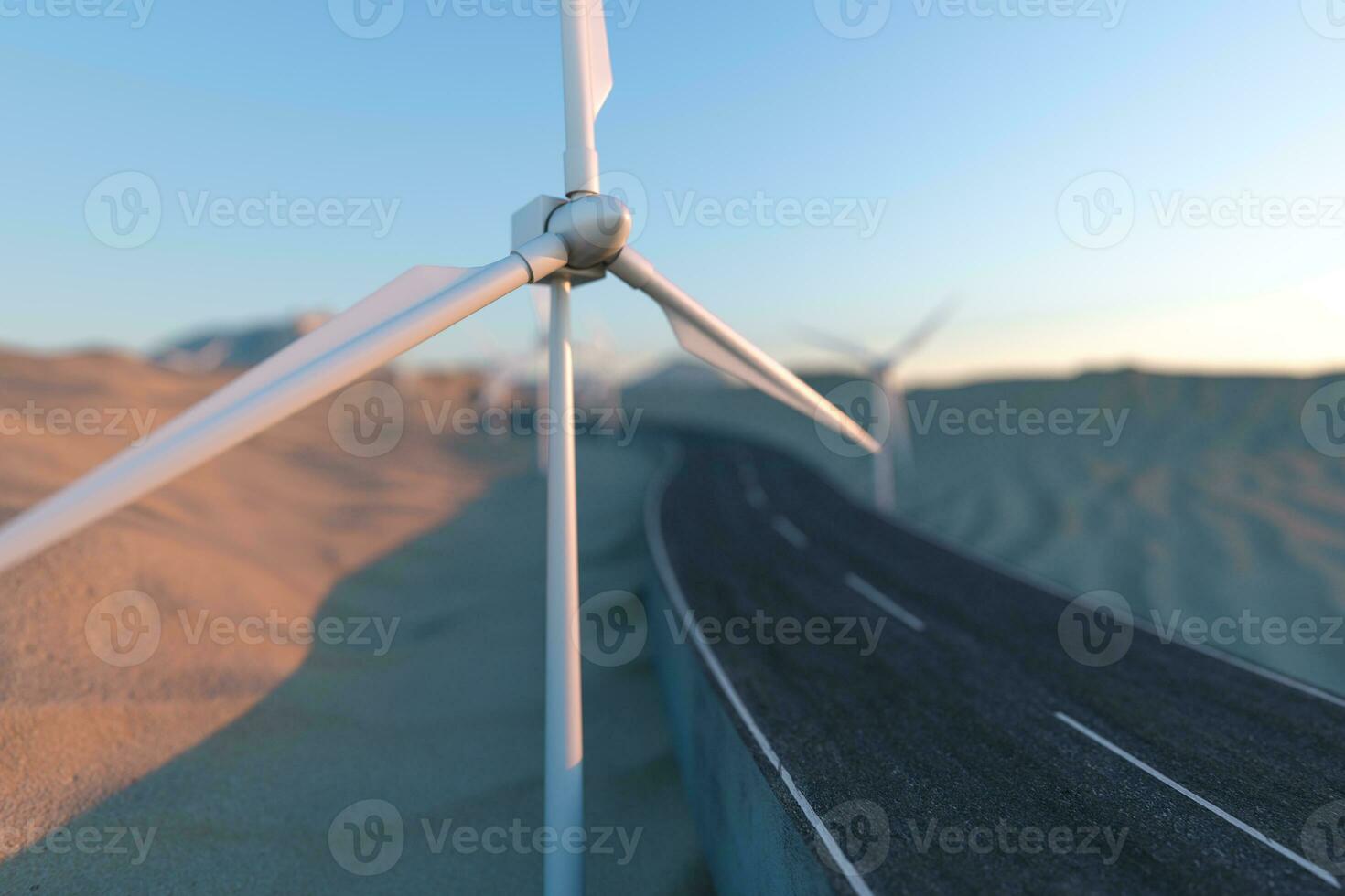 Windmills and winding road in the open, 3d rendering. photo