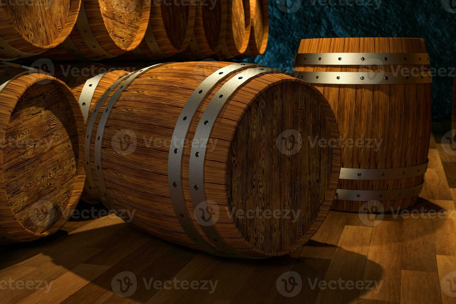 Wooden cellar with barrels inside, vintage beverage warehouse, 3d rendering. photo