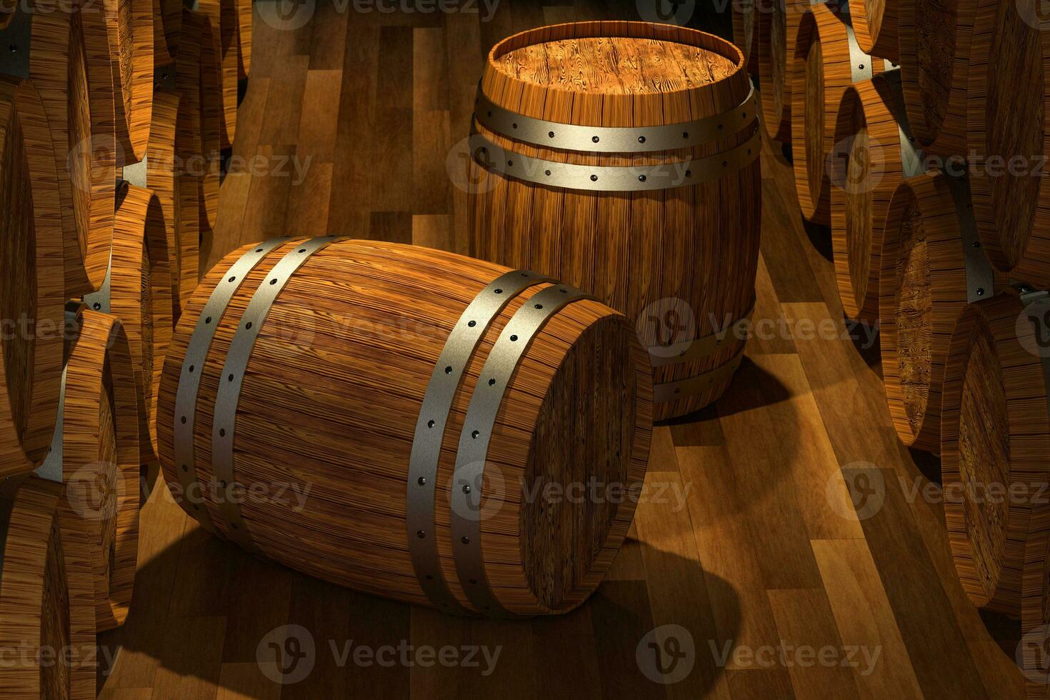 Wooden cellar with barrels inside, vintage beverage warehouse, 3d rendering. photo