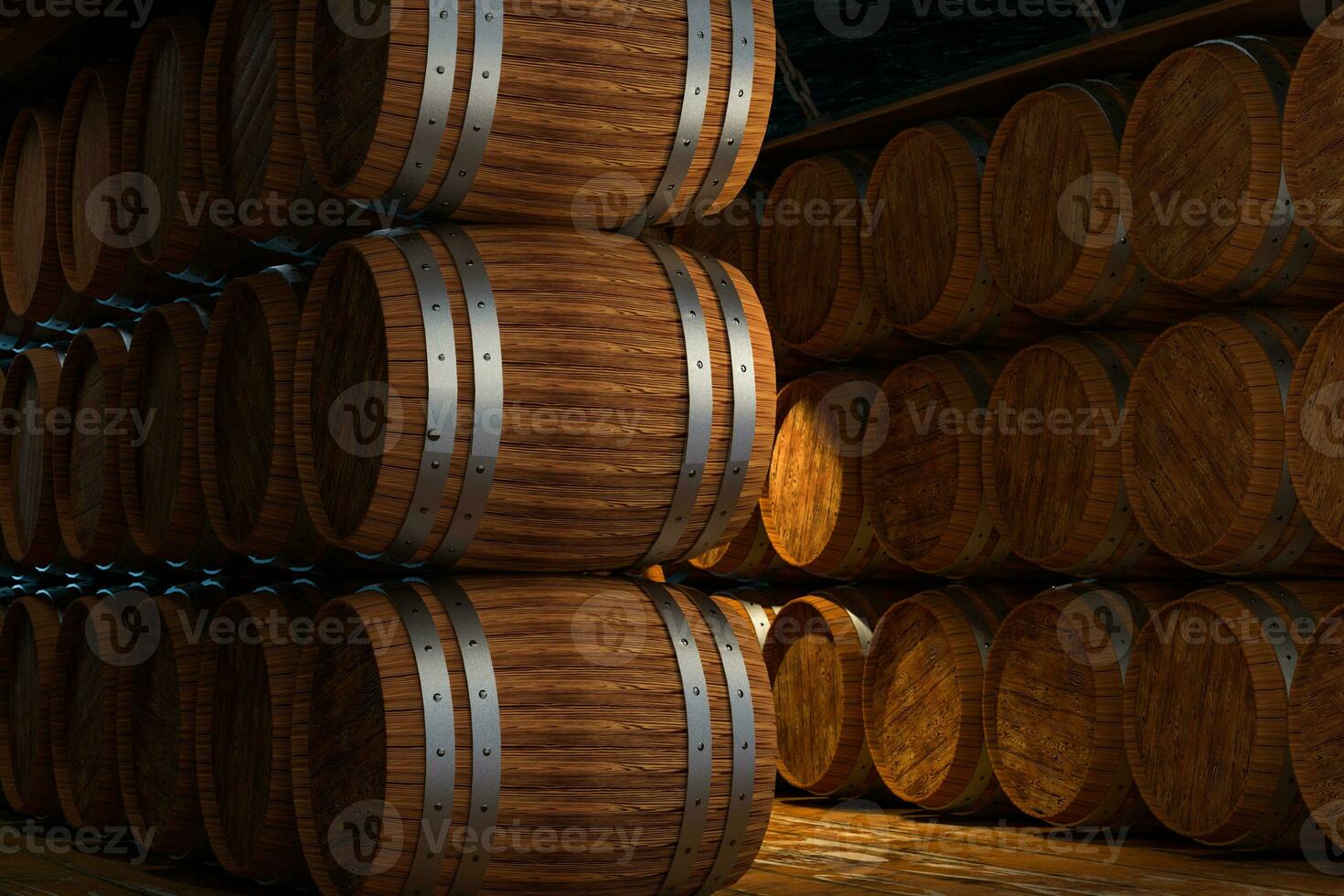 Wooden cellar with barrels inside, vintage beverage warehouse, 3d rendering. photo