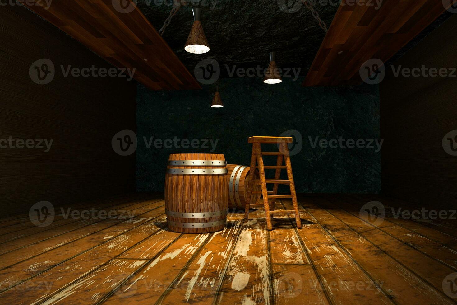 Wooden cellar with barrels and ladder inside, vintage beverage warehouse, 3d rendering. photo