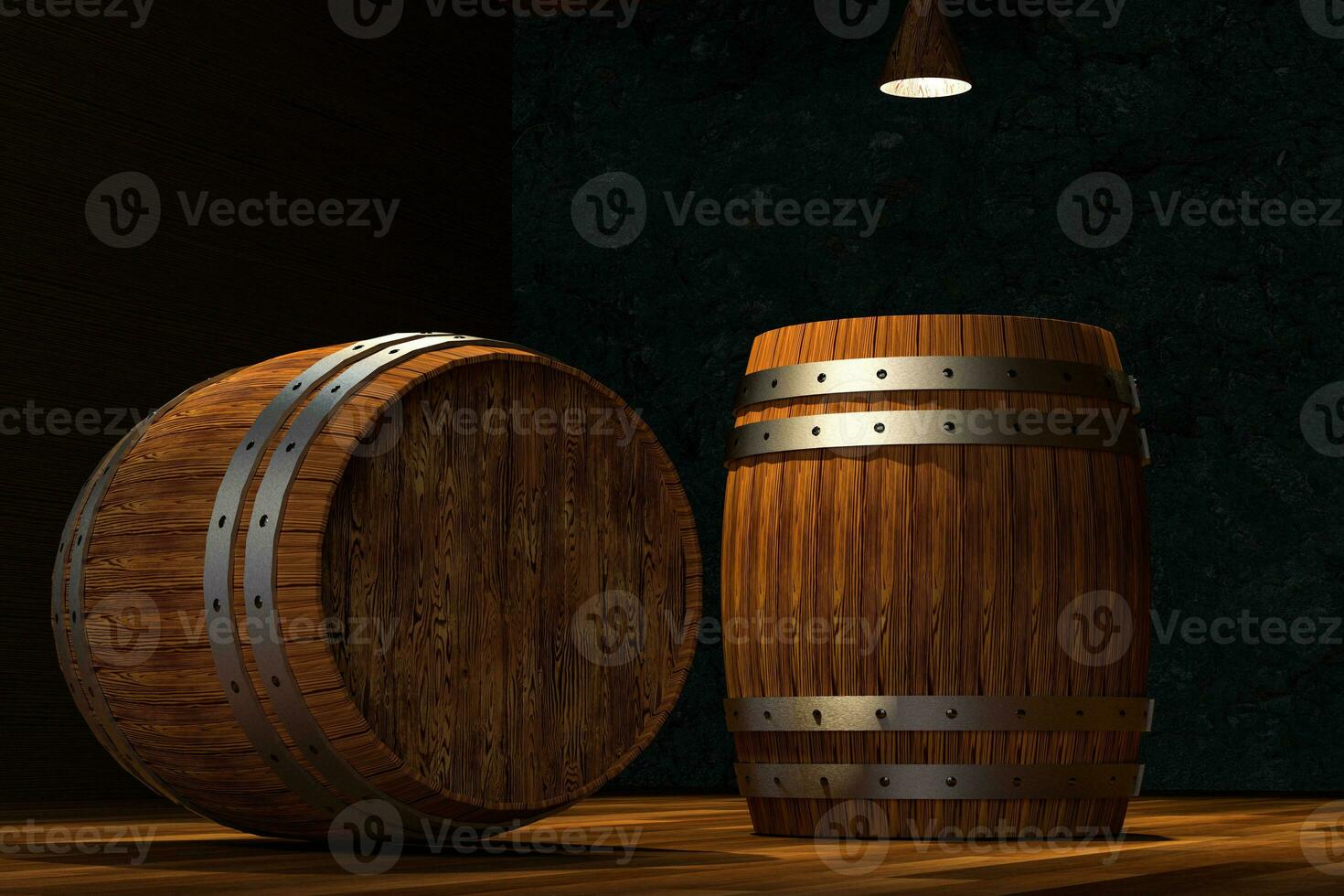 Wooden cellar with barrels inside, vintage beverage warehouse, 3d rendering. photo
