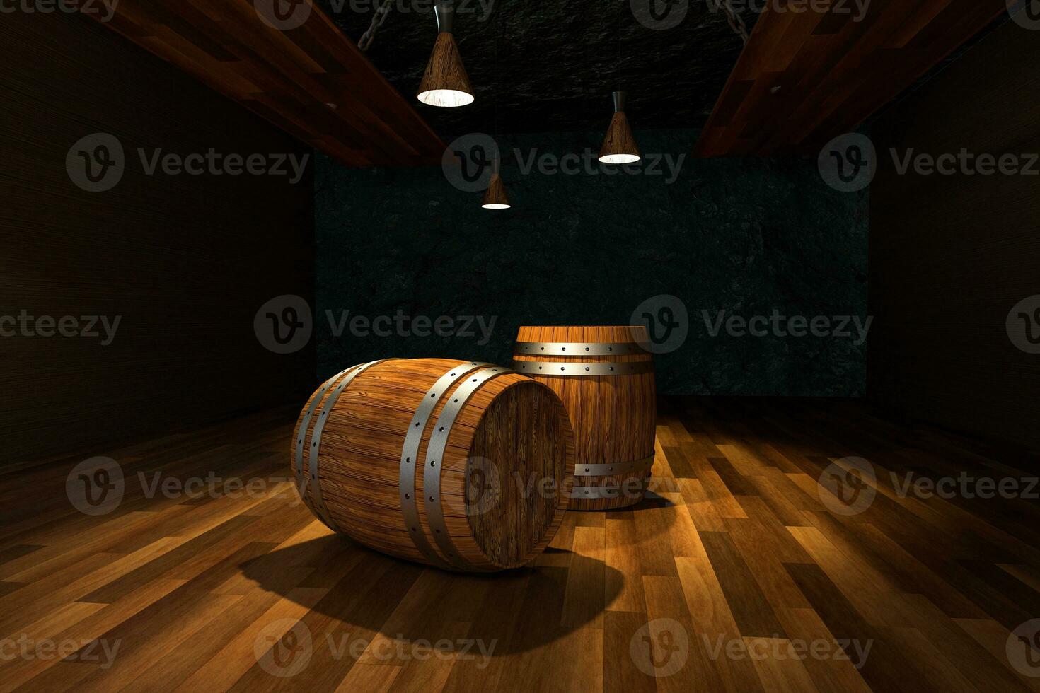 Wooden cellar with barrels inside, vintage beverage warehouse, 3d rendering. photo