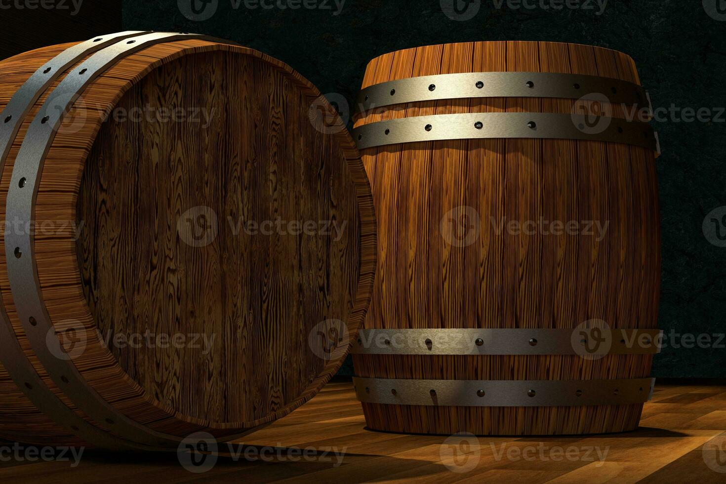 Wooden cellar with barrels inside, vintage beverage warehouse, 3d rendering. photo