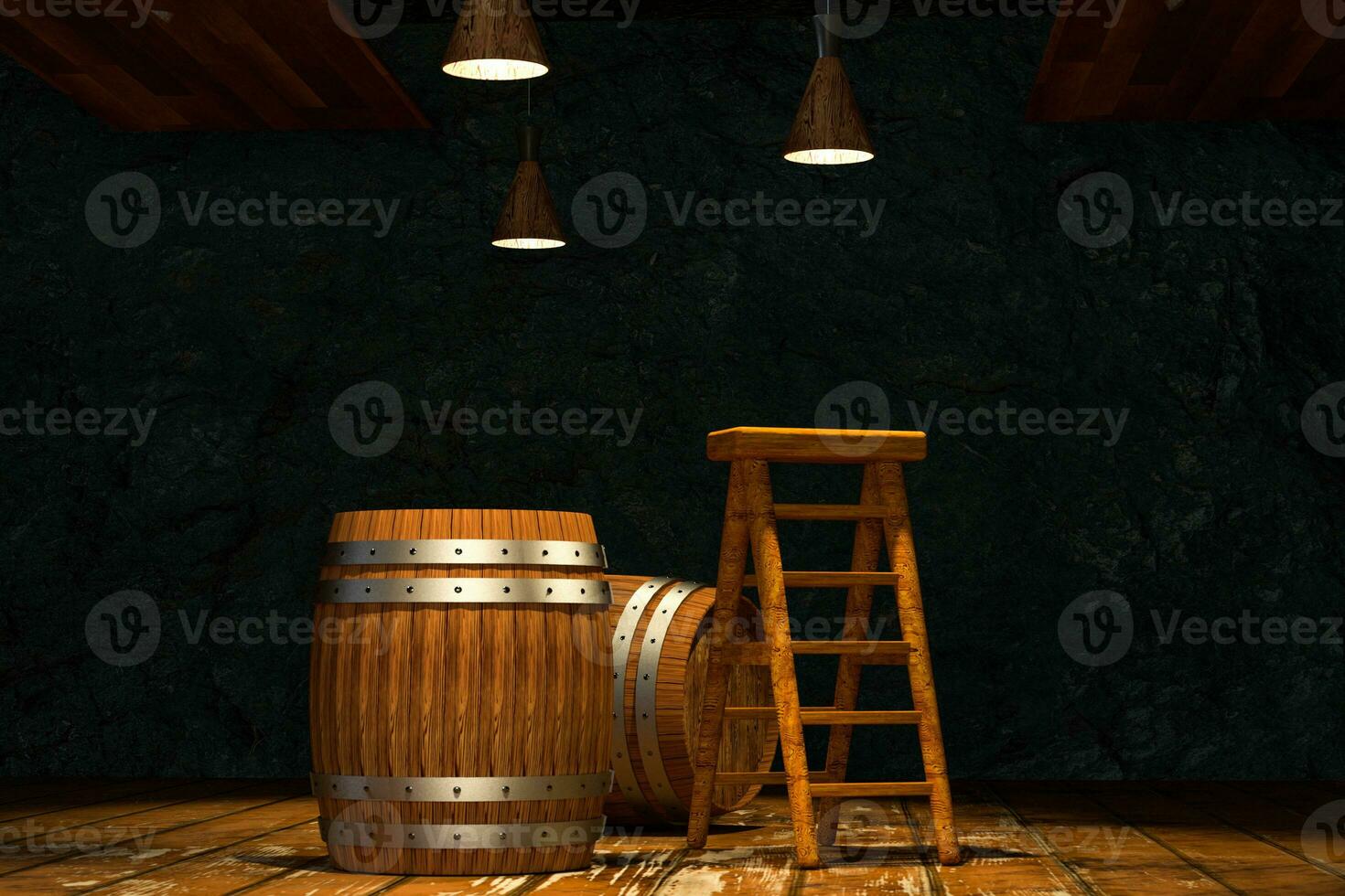Wooden cellar with barrels and ladder inside, vintage beverage warehouse, 3d rendering. photo