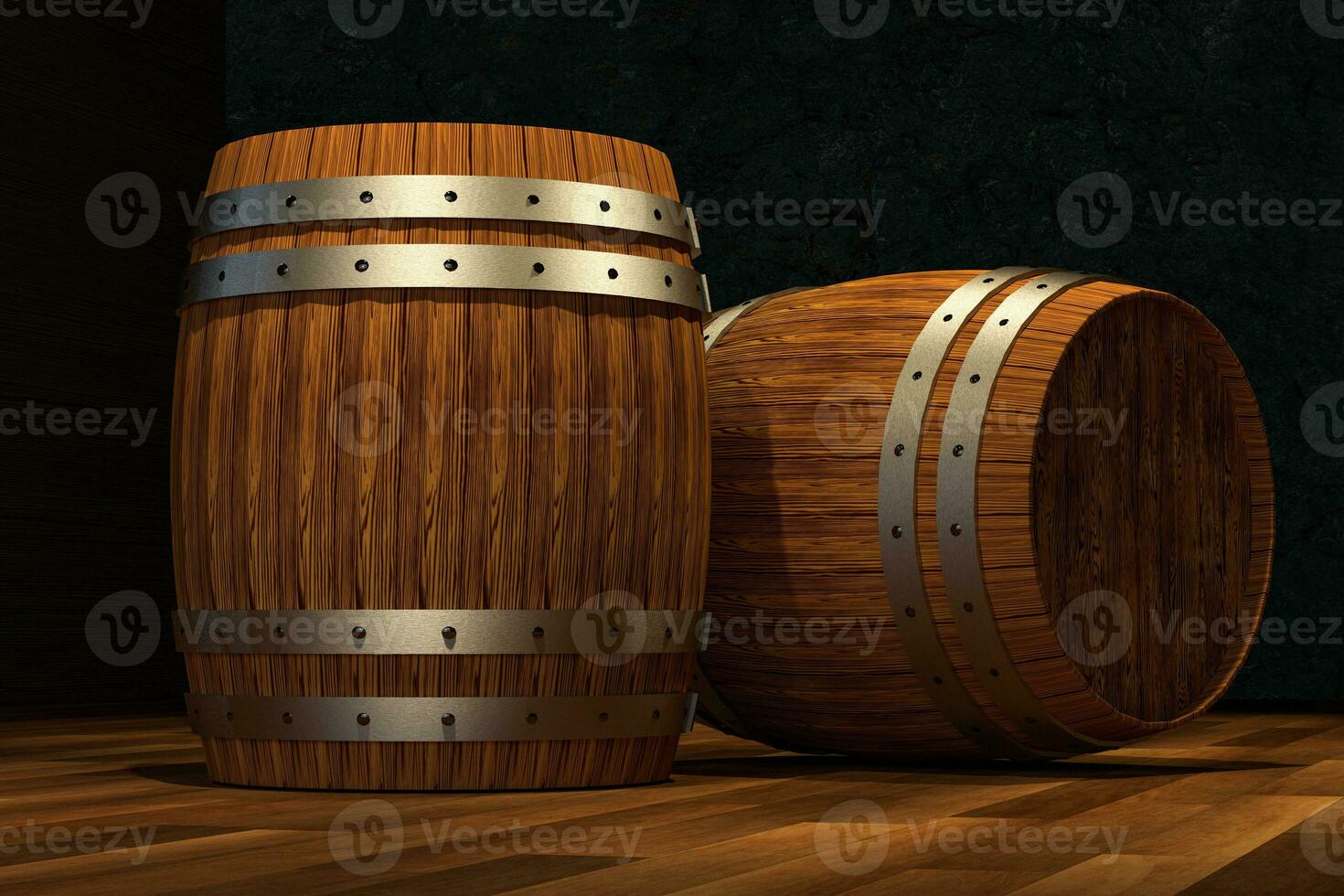 Wooden cellar with barrels inside, vintage beverage warehouse, 3d rendering. photo
