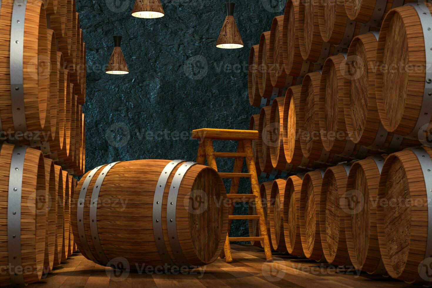 Wooden cellar with barrels inside, vintage beverage warehouse, 3d rendering. photo