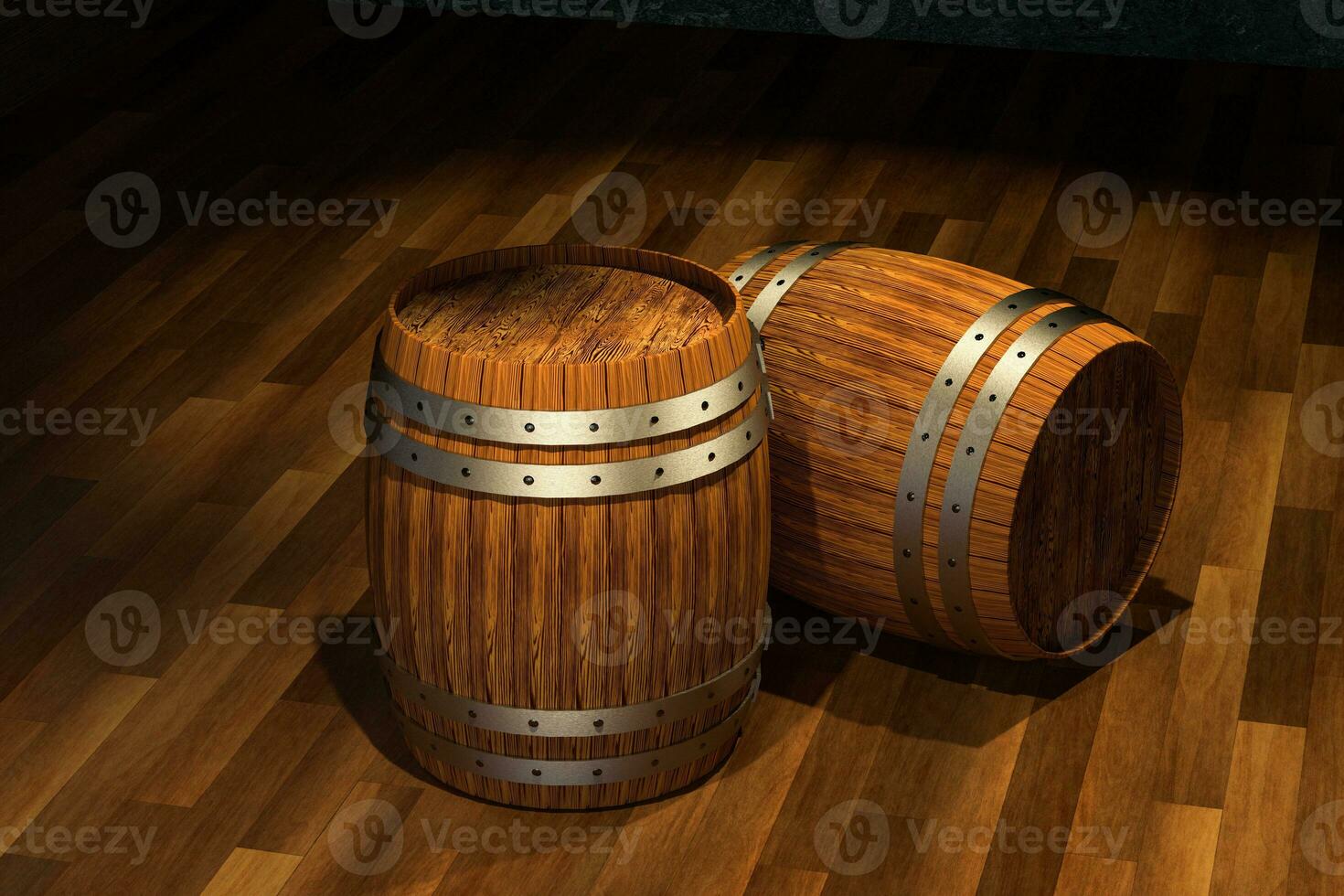 de madera cava con barriles adentro, Clásico bebida depósito, 3d representación. foto