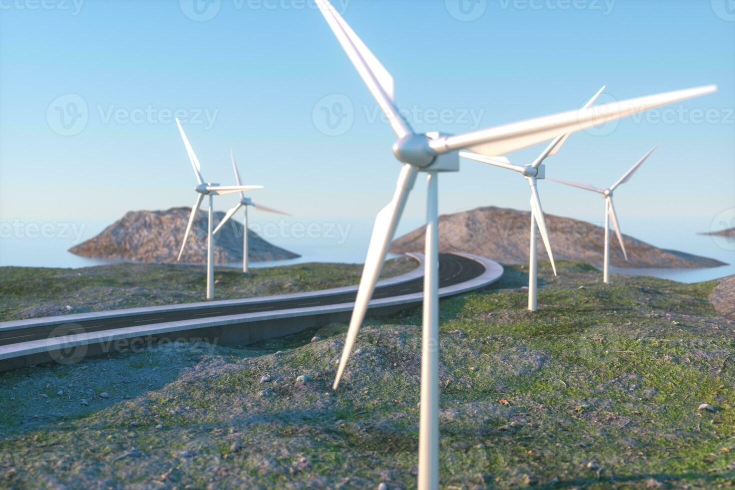 Windmills and winding road in the open, 3d rendering. photo