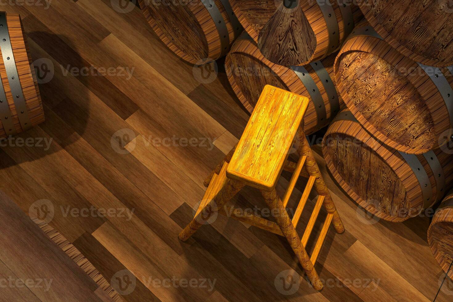Wooden cellar with barrels inside, vintage beverage warehouse, 3d rendering. photo