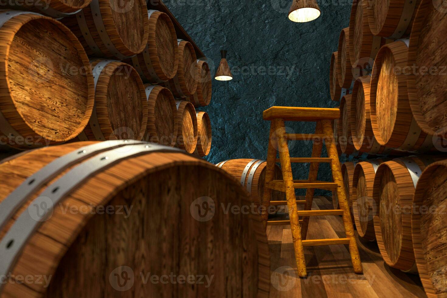 Wooden cellar with barrels inside, vintage beverage warehouse, 3d rendering. photo