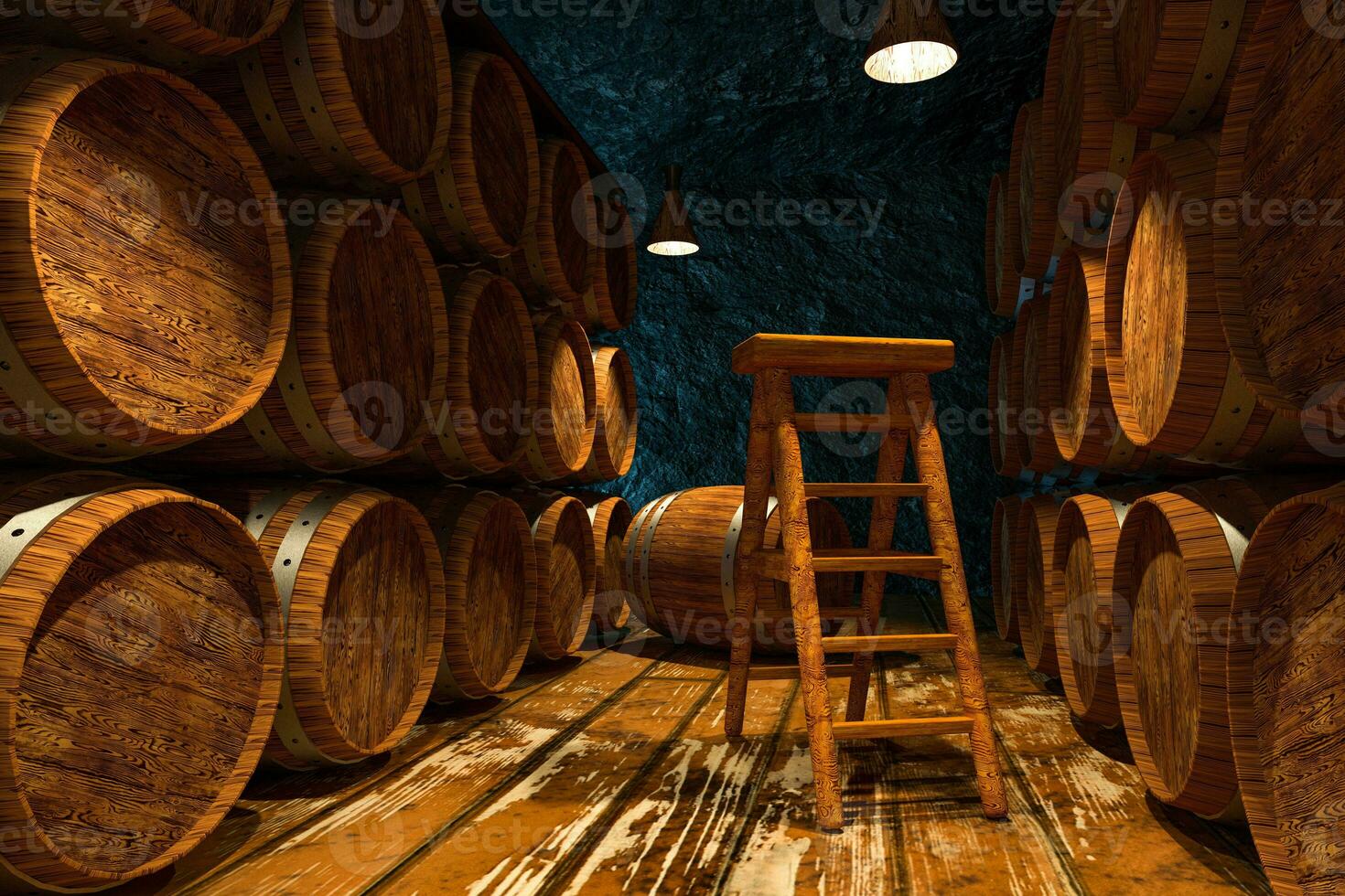 Wooden cellar with barrels inside, vintage beverage warehouse, 3d rendering. photo