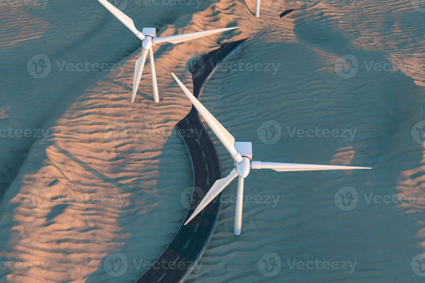 Windmills and winding road in the open, 3d rendering. photo