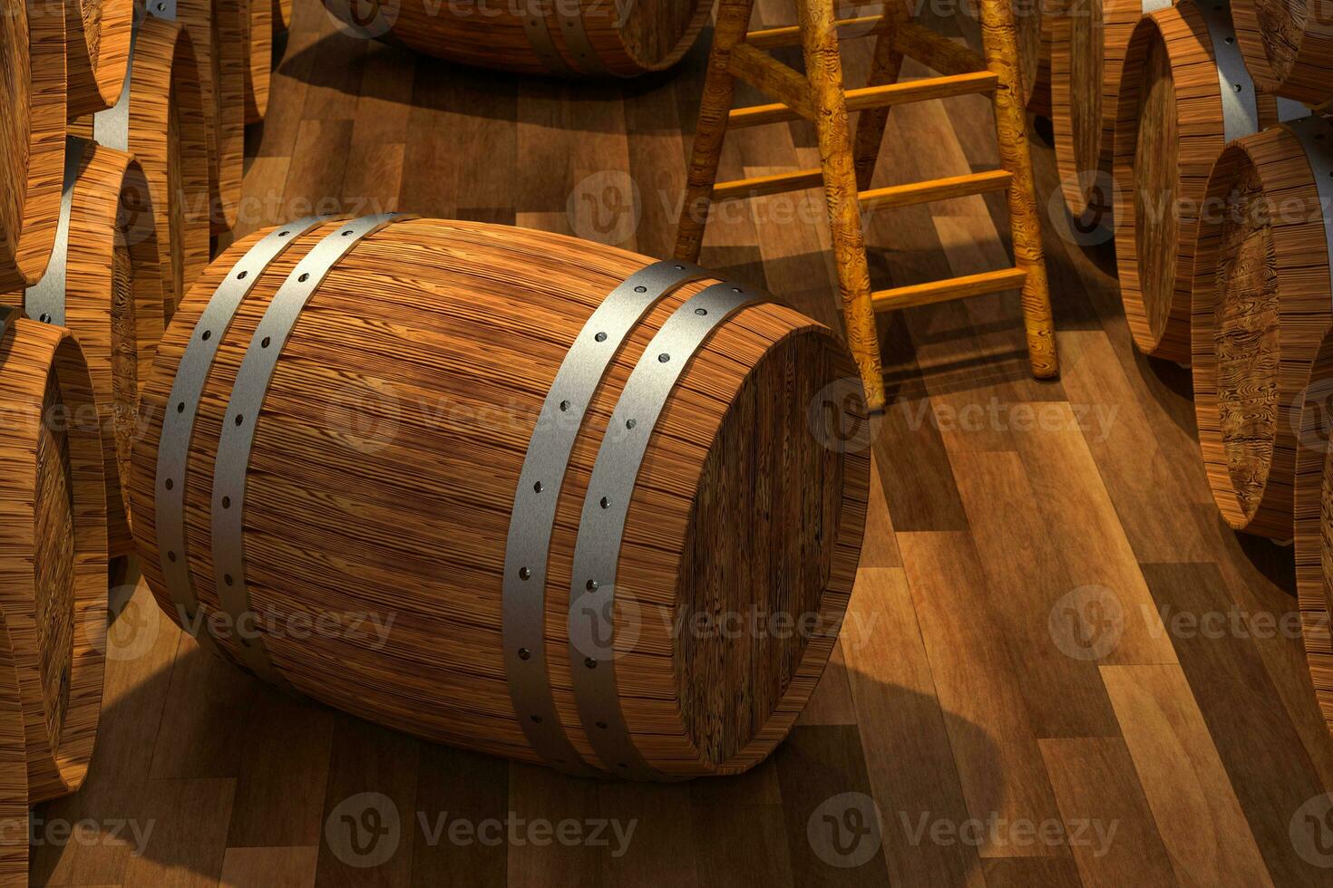 Wooden cellar with barrels inside, vintage beverage warehouse, 3d rendering. photo