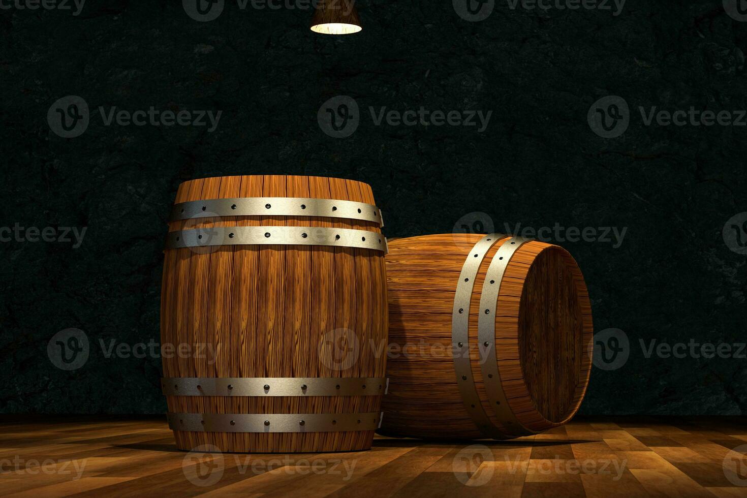 Wooden cellar with barrels inside, vintage beverage warehouse, 3d rendering. photo