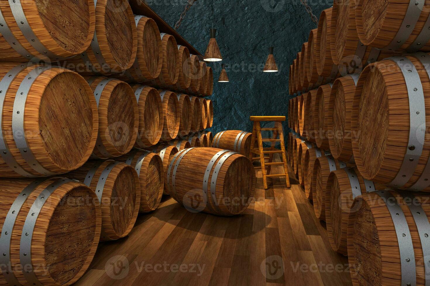 Wooden cellar with barrels inside, vintage beverage warehouse, 3d rendering. photo
