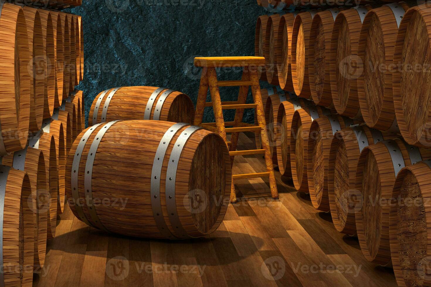 de madera cava con barriles adentro, Clásico bebida depósito, 3d representación. foto